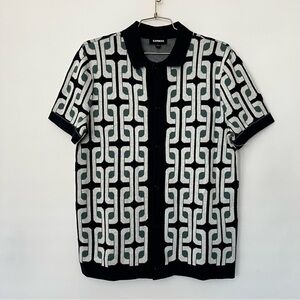 Express Sweater Polo Geometric Patterned Short Sleeve Size Medium Navy Blue Teal